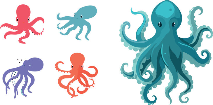 A collection of various orange octopus tentacle vectors and a vintage style circular logo frame with fresh seafood text isolated on grey background.