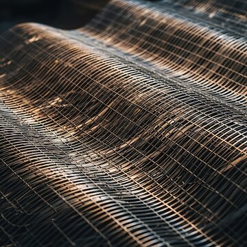 Close-up of a textured, metallic surface with a wave-like pattern, reflecting light. The intricate grid creates shadow and depth