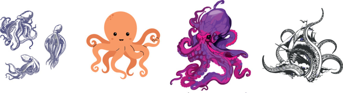 A versatile octopus vector collection featuring a cute orange character a vibrant purple illustration and detailed grey sketches isolated on a solid background.