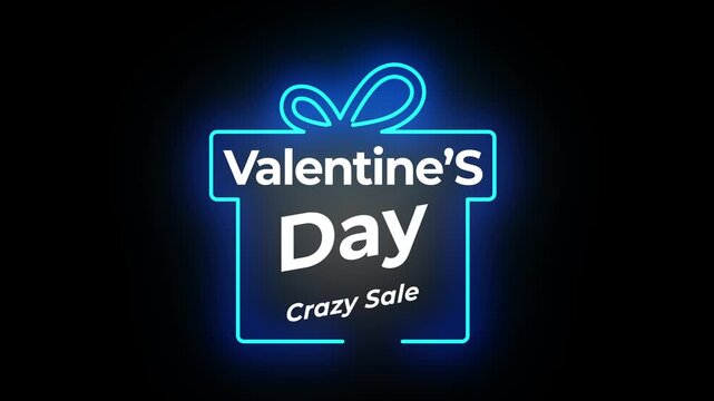 Valentine's day crazy sale neon gift box animation featuring bright glowing blue light lines on a dark black motion background
