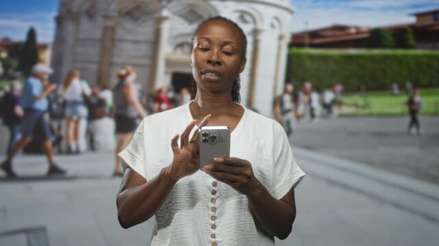 African american woman holding smartphone with hands texting in front of a historic building and busy crowd while wearing white buttoned shirt; concentration.