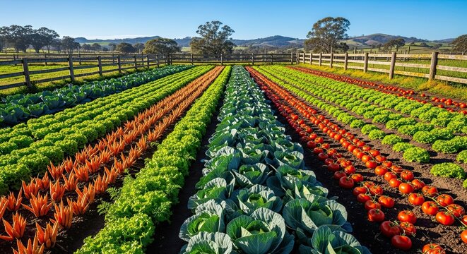 Vibrant rows of fresh vegetables growing in a sunny farm field.