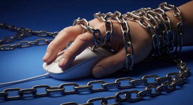 Close-up of human hand chained to computer mouse on blue background