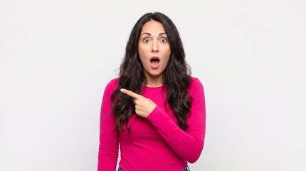 Naklejka premium Surprised Young Woman Pointing to the Side Against White Background