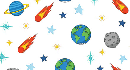 Seamless Space Pattern with Cartoon Planets Earth Saturn Meteors Moon and Bright Stars Background for Kids Fabric Wallpaper and Wrapping Paper © MdMizanur