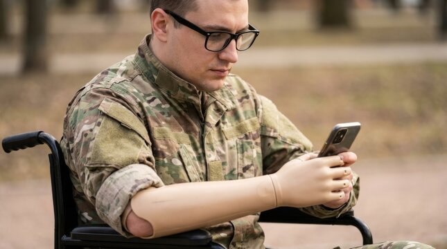 Disabled veteran in camouflage uniform and glasses checking smartphone in wheelchair outdoors. Soldier with prosthetic arm using mobile phone in park