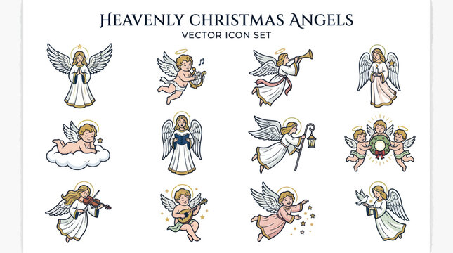 Collection of twelve colorful heavenly Christmas angel icons.