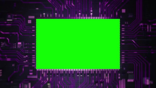 Three green screens on a purple circuit board background with pink accents and microchips