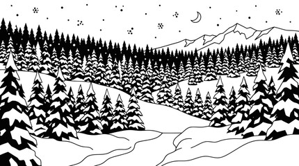 Detailed line art of a snowy mountain forest landscape. © Satria