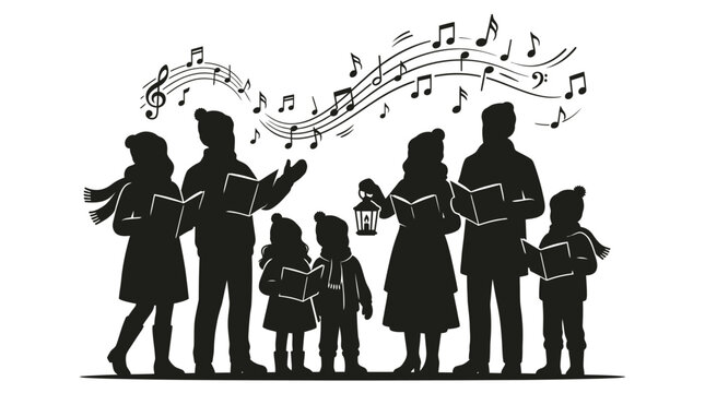 Family caroling silhouette with musical notes and lantern.