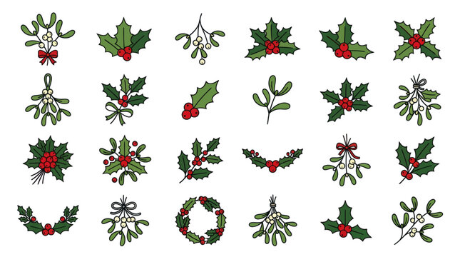 Festive holly and mistletoe botanical clip art collection.