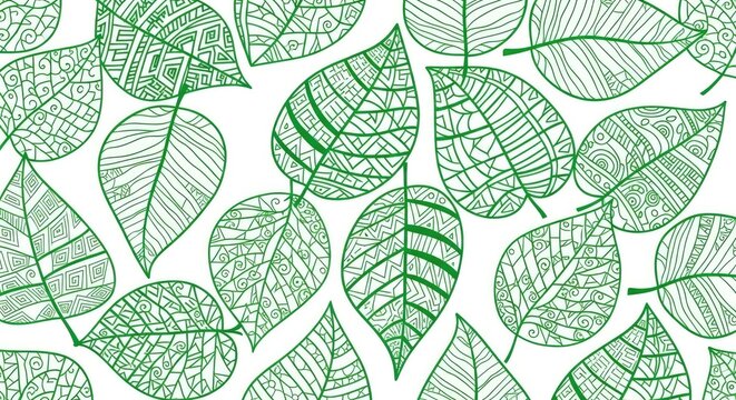 Intricate green leaf line art pattern on white background