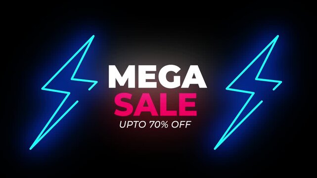 Mega sale promotional text overlay with vibrant glowing neon blue lightning bolts in a dynamic digital motion background video clip