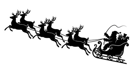 Silhouette of Santa Claus in sleigh with reindeer team. © Satria