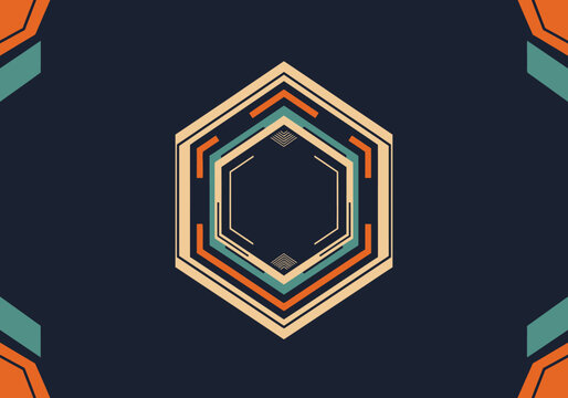 Vibrant modern abstract geometric hexagonal badge logo design on a dark background, blending retro-inspired colors with contemporary lines, ideal for digital art and branding
