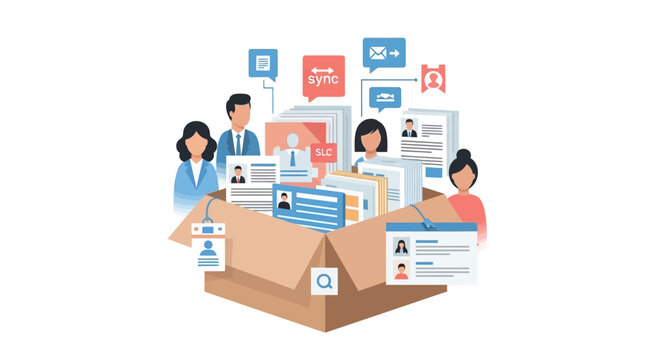 Human resources recruitment and job application processing concept with people and resumes.