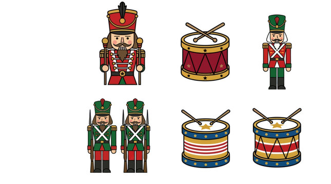 Traditional Christmas nutcracker soldiers and drums illustration set.