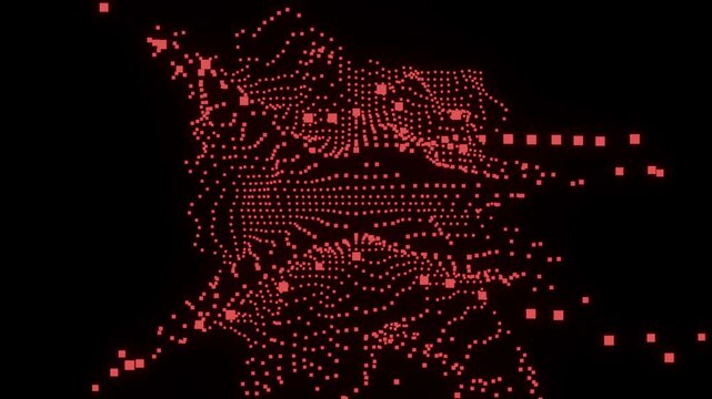Red Particle Landscape Rippling Through a Black Digital Scene

