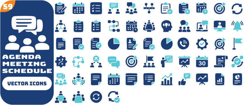 Agenda meeting and schedule solid icon set. Featuring task assignment, decision making, video conference, goal setting, and action items. Vector icons for presentations and reports.