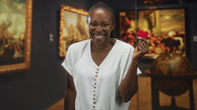 Woman holding small red heart token, smiling with raised hand in gallery building with framed paintings and globe; joy love.