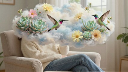 Fototapeta premium Person relaxes in armchair dreaming of hummingbirds and flowers