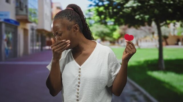 Young african american woman holding a red paper heart, hand to mouth and clutching chest on street near trees and shops; heartbreak loss sadness.