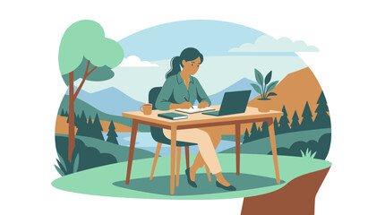 Obraz premium Woman Working Remotely Outdoors with Laptop in a Serene Mountain Landscape.