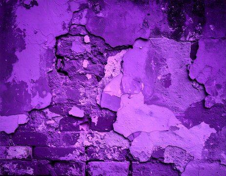 Close-up of a textured purple wall with peeling paint revealing brick underneath, creating an abstract and distressed pattern