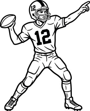 American Football Quarterback Player Vector Illustration Throwing Pass Wearing Helmet Jersey Number Twelve for Sports Team Mascot Graphics