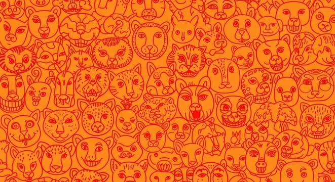 Orange illustration of various animal faces in a repeating pattern design