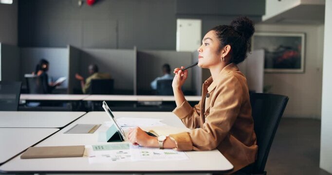 Thinking, tablet and woman with documents for statistics, website analysis and research for seo. Creative, thoughtful and person with notes, graph and ideas for online review, web report and project