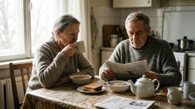 Elderly couple enjoying a quiet morning at home, reading the newspaper and having breakfast