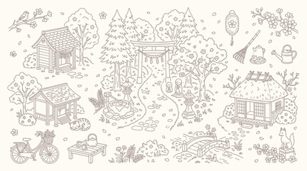 Obraz premium Charming hand-drawn illustration of a whimsical Japanese garden scene with traditional elements and cute animals.