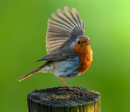 European Robin with Raised Wing Perched on Wooden Post