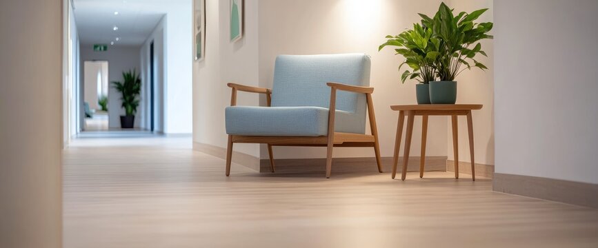 Modern minimalist hallway with a comfortable armchair and a small side table with a plant.