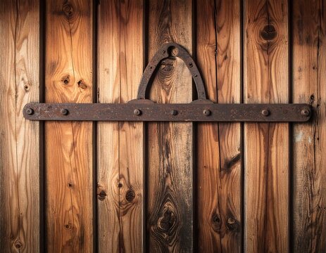 Close-up of a rustic wooden door with a weathered, wrought-iron handle, revealing natural wood grain details