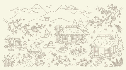 Fototapeta premium Charming Japanese village scene with traditional houses, cherry blossoms, and a serene mountain backdrop, rendered in a delicate line art style.