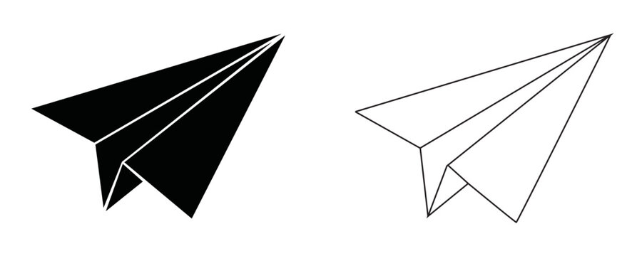 Vector set of paper plane icons, black silhouette and line art origami aircraft, travel flight symbol, email message send sign, isolated white background design