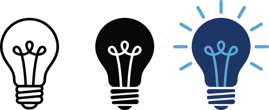 Adobe Illustrator Artwork,Light bulb vector icon set in flat design style, black and blue idea lamp collection isolated on white background, creativity innovation symbol for business and app use