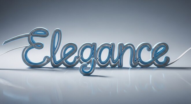 3D silver cursive text word elegance on a clean reflective surface.