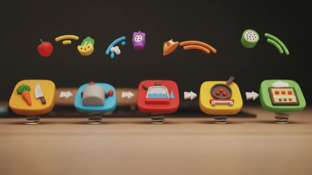 Claymation Food Preparation Process with Animated Ingredients and Appliances.
