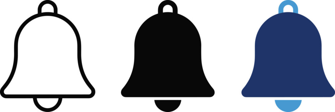 Adobe Illustrator Artwork,Notification bell vector icon set in flat design style,black and blue alert bell collection isolated on white background,reminder alarm symbol for mobile app and web interfac