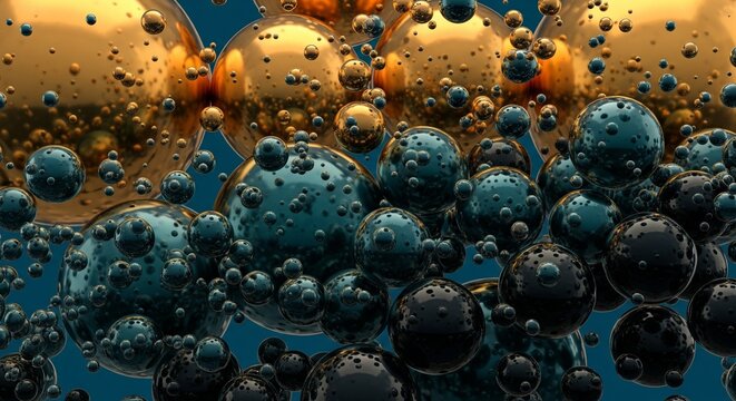 Close-up of metallic gold and dark blue spheres with textured surfaces.