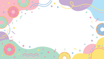 Pastel donut party border with confetti and blank center for invitations and greeting cards. © Kyle