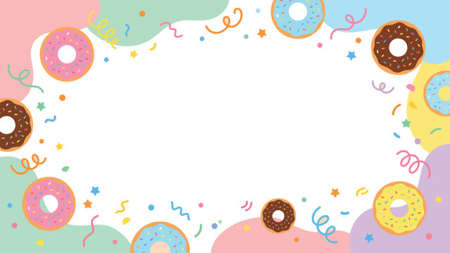 Colorful donut border with confetti and sprinkles for invitations and party designs.