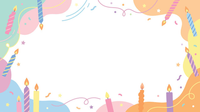 Pastel birthday candle frame with confetti and streamers.