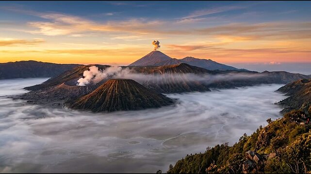 Panoramic view of Mount Bromo volcano and morning fog.