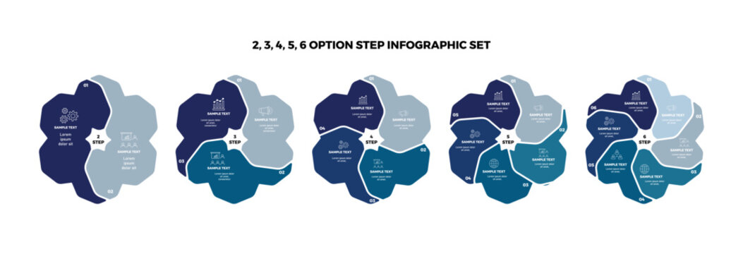 Venn diagram circle chart vector infographic with 2, 3, 4, 5, 6, option step process set, for visual presentation or business report. Editable vector illustration set.