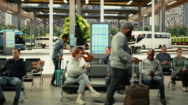 Diverse couple waiting in crowded bus station for long-haul interstate journey. Man in traditional ethnic clothes and beaded jewelry and woman checking departure board screen and timetable.