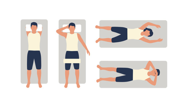 Set of four illustrations showing different sleep positions and an exercise routine on white background